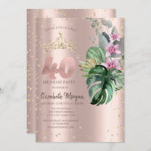 トロピカルフラワーズダイヤモンドバラ金ゴールド40歳の誕生日 招待状 (正面/裏面)