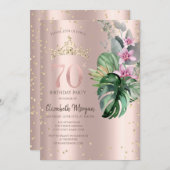 トロピカルフラワーズダイヤモンドバラ金ゴールド70誕生日 招待状 (正面/裏面)