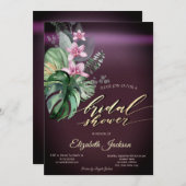 トロピカルフラワーズダークブルゴーニュブライダルシャワー 招待状 (正面/裏面)