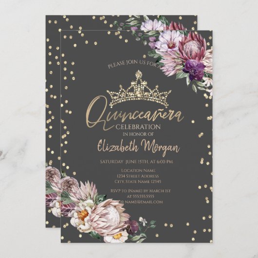 トロピカルフラワーズティアラダイアモンズグレーキンセアニラ 招待状 (正面/裏面)