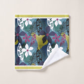 トロピカルフラワーズティール（緑がかった色）、金ゴールド、バーガンディー、ブラック バスタオルセット (ウォッシュタオル)