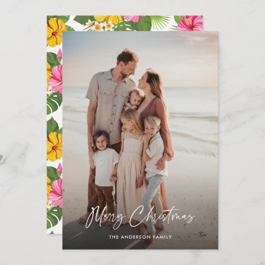 トロピカルフラワーズバケーションフォトメリークリスマス シーズンカード (正面/裏面)