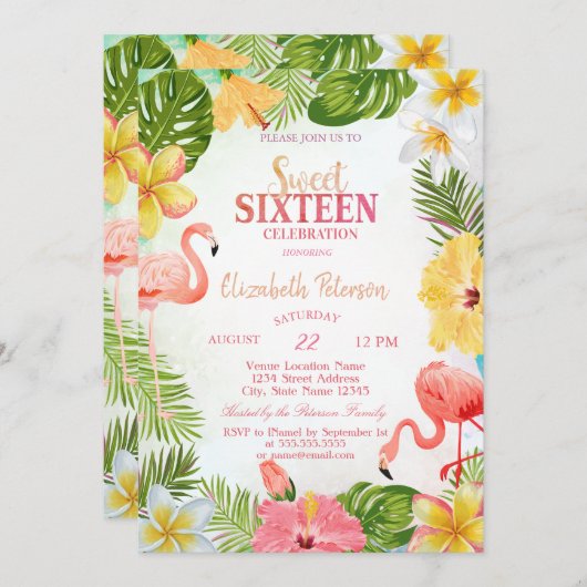 トロピカルフラワーズパームフラミンゴススイーツ16パーティー 招待状 (正面/裏面)