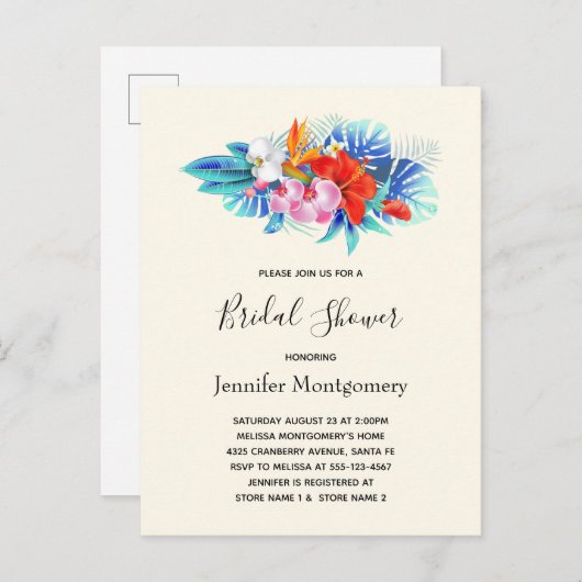 トロピカルフラワーズピンク&アクアブライダルシャワー インビテーションポストカード (正面/裏面)