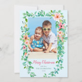 トロピカルフラワーズブルークリスマス1枚の写真カード シーズンカード (正面)