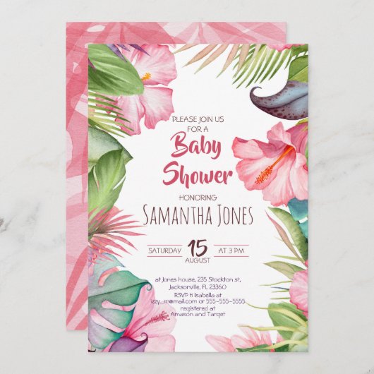 トロピカルフラワーズベビーシャワー招待状 招待状 (正面/裏面)