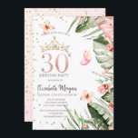 トロピカルフラワーズ葉ダイヤモンド30th Birthday 招待状<br><div class="desc">白い背景に金ゴールドティアラ、熱帯の花やダイヤモンド。</div>