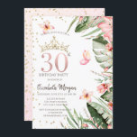 トロピカルフラワーズ葉ダイヤモンド30th Birthday 招待状<br><div class="desc">白い背景に金ゴールドティアラ、熱帯の花やダイヤモンド。</div>