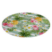 トロピカルフラワーズ&パイナップルオンティール（緑がかった色）ストライプ カッティングボード (角)