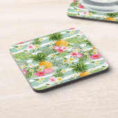 トロピカルフラワーズ&パイナップルオンティール（緑がかった色）ストライプ コースター (左側)