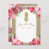 トロピカルフラワーズ&金ゴールドパイナップル日付を保存 案内ポストカード (正面/裏面)