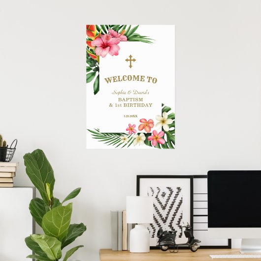 トロピカルフラワーツインズ1stバースデーウェルカムサイン ポスター (ホームオフィス)