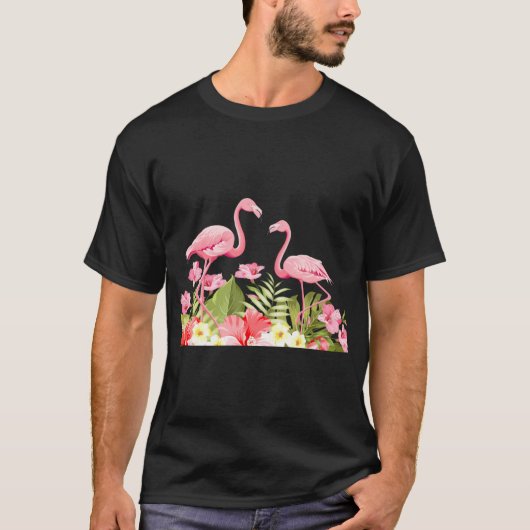 トロピカルフラワーデザインフラミンゴ Tシャツ (正面)