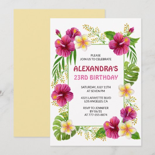 トロピカルフラワーピンクの23歳の誕生日招待状 招待状 (正面/裏面)