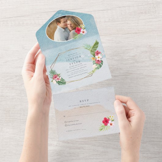 トロピカルフラワーフォトビーチ結婚式 オールインワン招待状 (貼ってはがせる)