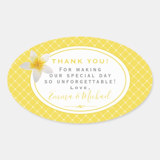 トロピカルフラワー&イエロートレリスありがとうござ結婚う 楕円形シール (正面)