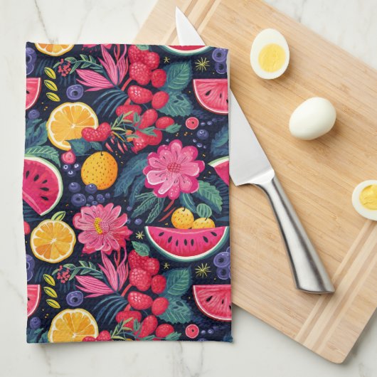 トロピカルフルーツと花 キッチンタオル (四つ折り)