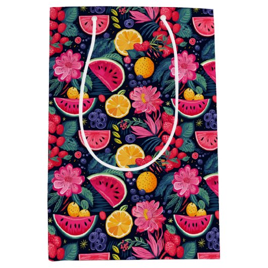 トロピカルフルーツと花 ミディアムペーパーバッグ (正面)