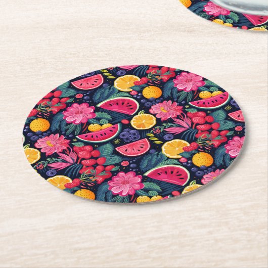 トロピカルフルーツと花 ラウンドペーパーコースター (アングル)