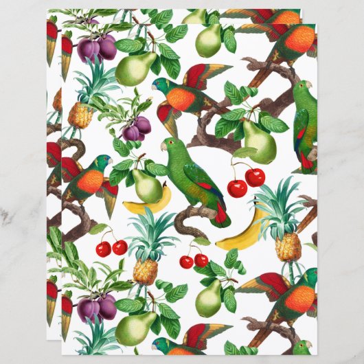 トロピカルフルーツと鳥の模様スクラップブック紙 (正面/裏面)