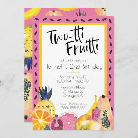 トロピカルフルーツをテーマにした2回目の誕生日 招待状 (正面/裏面)