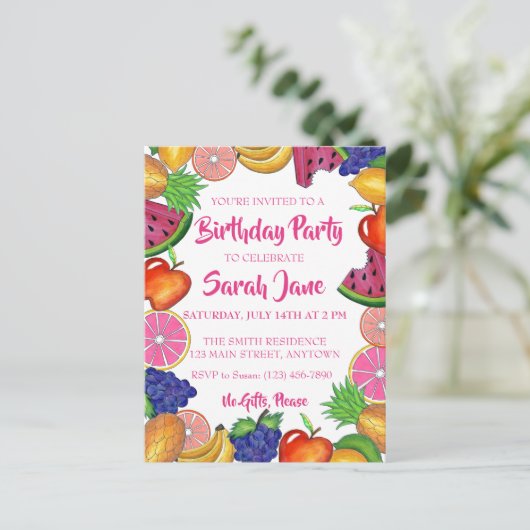 トロピカルフルーツバナナスイカ誕生日パーティー インビテーションポストカード (スタンド正面)