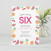 トロピカルフルーツピンク6歳誕生日招待状 招待状 (スタンド正面)