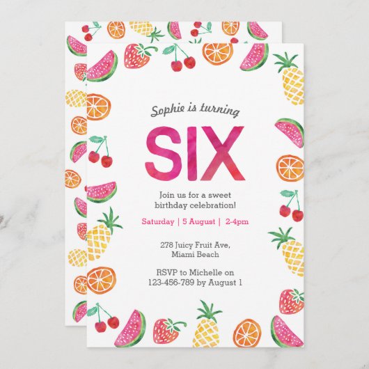トロピカルフルーツピンク6歳誕生日招待状 招待状 (正面/裏面)