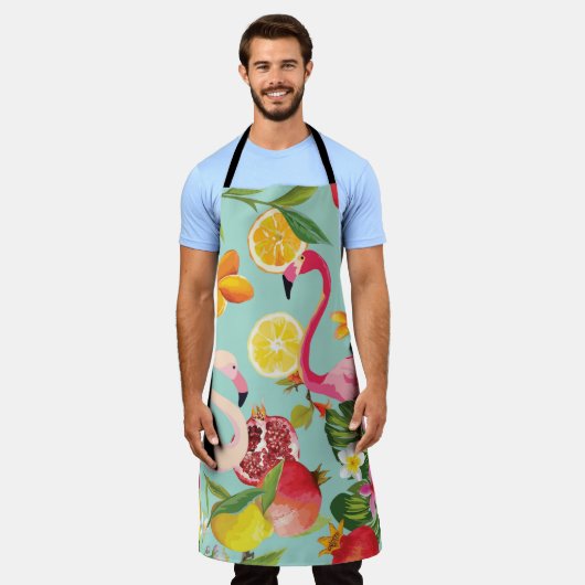 トロピカルフルーツフラミンゴヴィンテージ模様 エプロン (着用した状態)