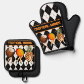 トロピカルフルーツレディースオンブラック&ホワイト 鍋つかみ&鍋敷きセット (正面/裏面)