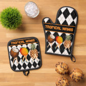 トロピカルフルーツレディースオンブラック&ホワイト 鍋つかみ&鍋敷きセット (トップダウン)