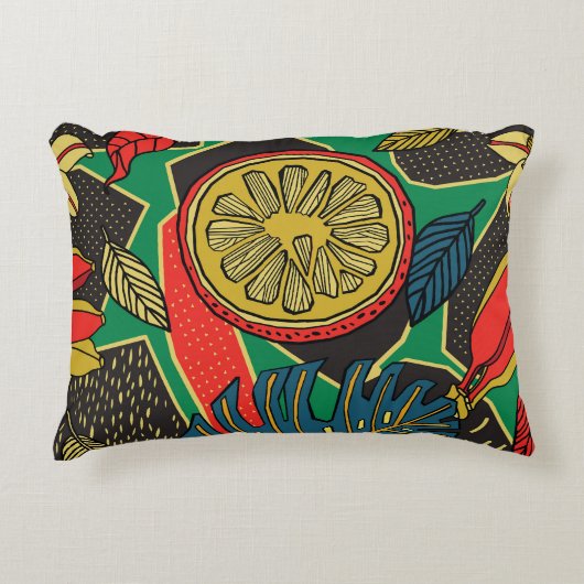 トロピカルフルーツ葉、、ドードル花パターン。 アクセントクッション (正面)