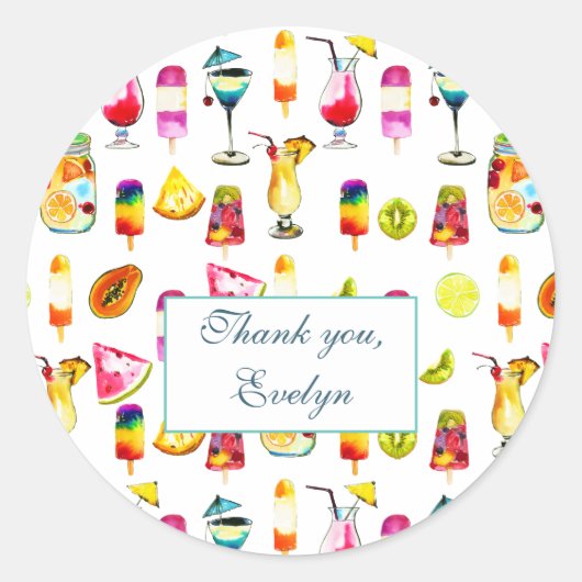 トロピカルフルーツ、ジュース、カクテルプールパーティー ラウンドシール (正面)