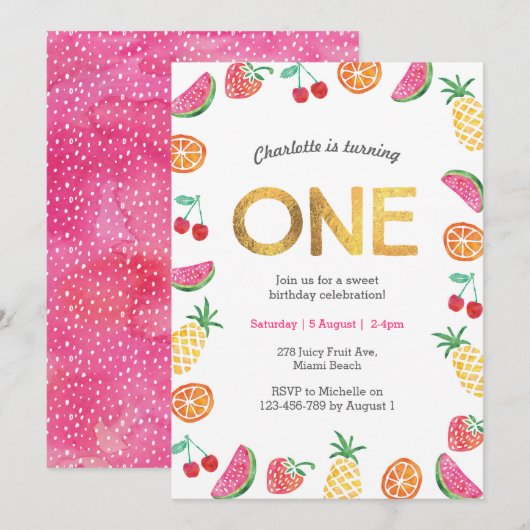トロピカルフルーツ ピンクゴールド 誕生日招待状 招待状 (正面/裏面)