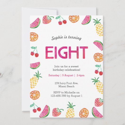 トロピカルフルーティピンク第8誕生日招待状 招待状 (正面)