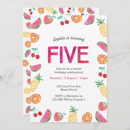 トロピカルフルーティピンク誕生日招待状 招待状 (正面/裏面)