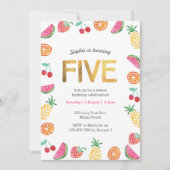 トロピカルフルーティピンク金ゴールド第5誕生日招待状 招待状 (正面)