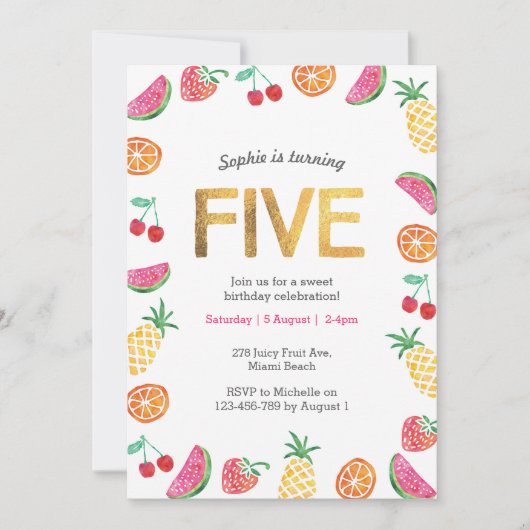 トロピカルフルーティピンク金ゴールド第5誕生日招待状 招待状 (正面)