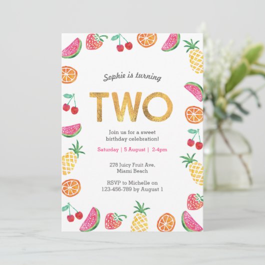 トロピカルフルーティピンク金ゴールド2nd誕生日招待状 招待状 (スタンド正面)