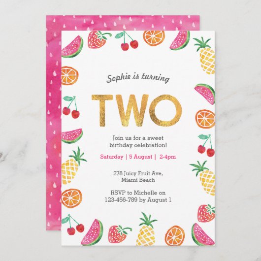 トロピカルフルーティピンク金ゴールド2nd誕生日招待状 招待状 (正面/裏面)