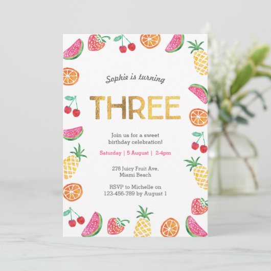 トロピカルフルーティピンク金ゴールド3rd誕生日招待状 招待状 (スタンド正面)