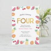 トロピカルフルーティピンク金ゴールド4th誕生日招待状 招待状 (スタンド正面)
