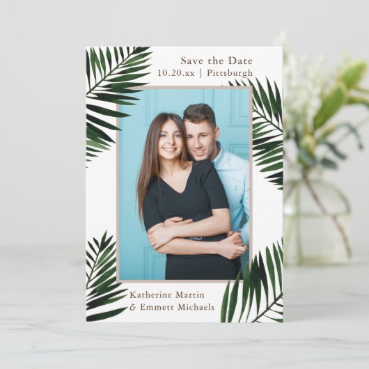 トロピカルフレームベージュウェディング日付写真を保存 セーブザデート (スタンド正面)