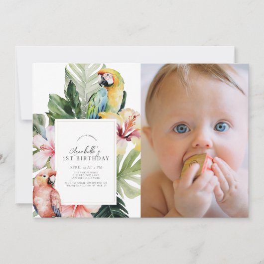 トロピカルフローラオウムWht 1stバースデーフォト 招待状 (正面)