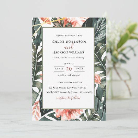 トロピカルフローラグリーン結婚式招待状 セーブザデート (スタンド正面)
