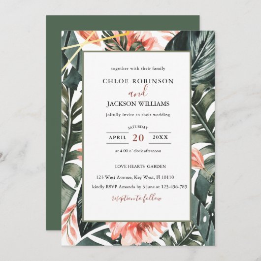 トロピカルフローラグリーン結婚式招待状 セーブザデート (正面/裏面)