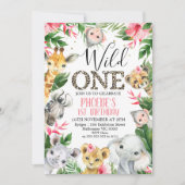 トロピカルフローラサファリアニマルズワイルドワン誕生日 招待状 (正面)