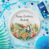 トロピカルフローラトゥーカンハッピーバースデー名 ペーパープレート (パーティー)