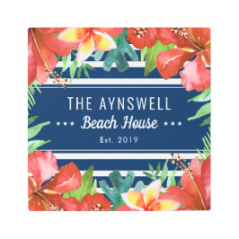 トロピカルフローラネイビーストライプビーチハウス メタルプリント