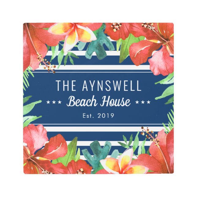 トロピカルフローラネイビーストライプビーチハウス メタルプリント (正面)